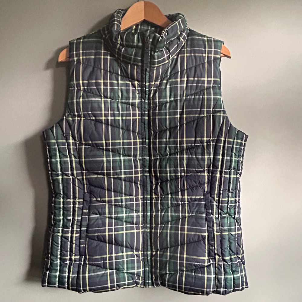 Talbots‎ Womens Green Navy Plaid Quilted Puffer Vest Size M Full Zip Mock Neck
